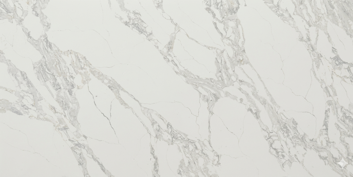 Calacatta Hermes quartz slab with soft grey veining on a clean white base.