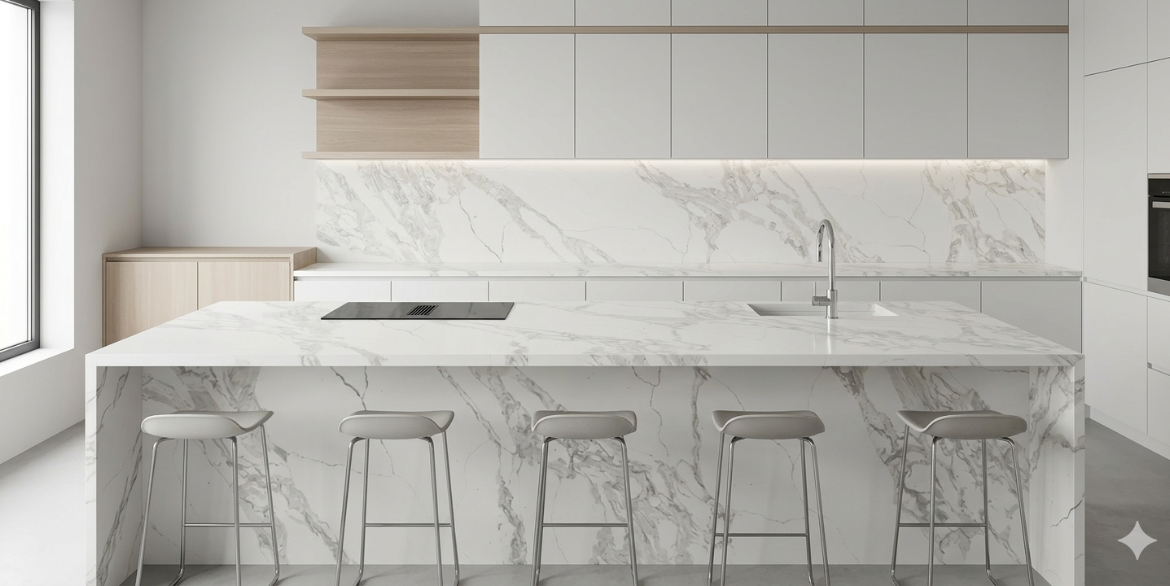 Calacatta Hermes quartz slab with soft grey veining on a clean white base.