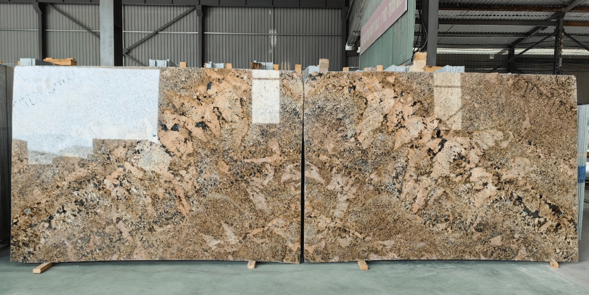 India Alaska Gold granite full slab featuring warm gold, beige, and black natural mineral patterns with polished finish