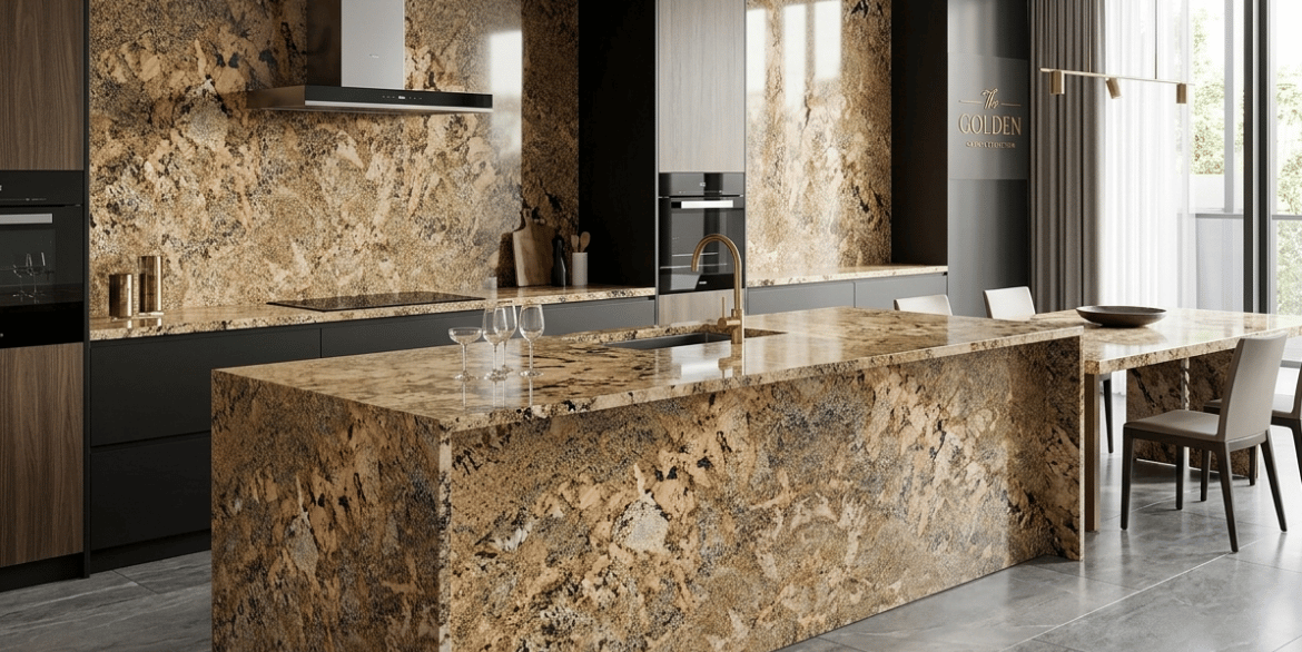 Luxury kitchen with India Alaska Gold granite waterfall island and full height backsplash in warm modern interior design