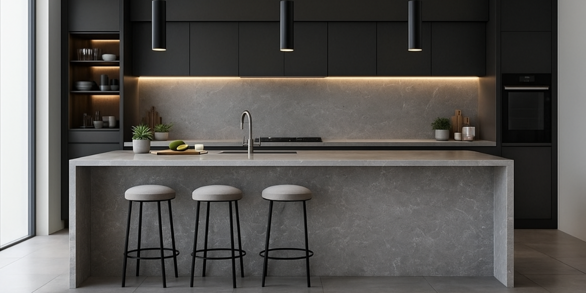 Marble Cemento features a smooth mid grey background with soft, organic mottling that creates a refined cement inspired look.