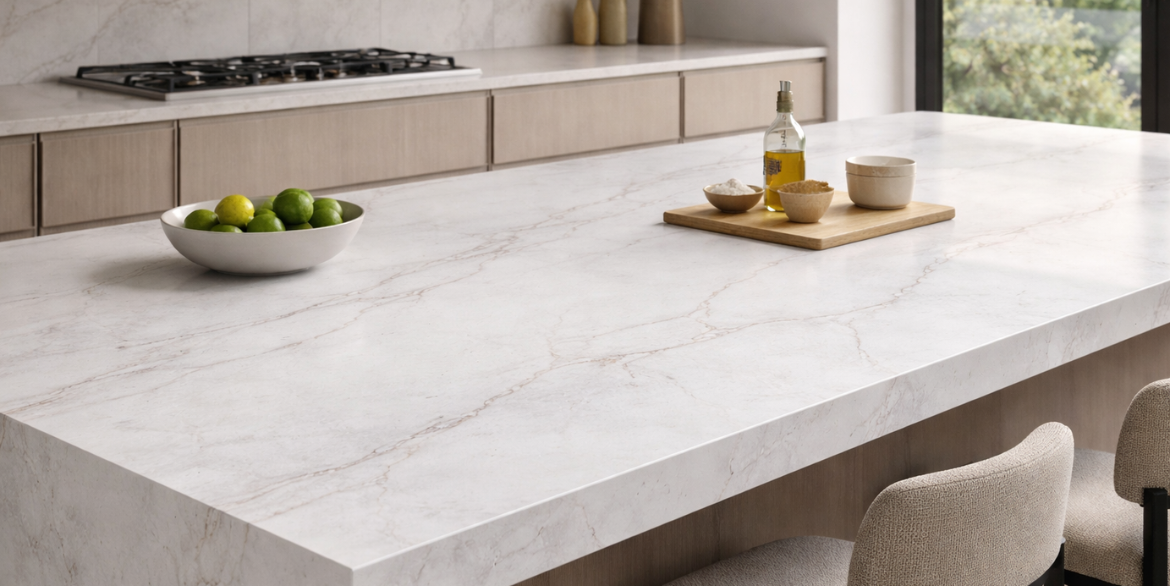 Matterhorn Printed Quartz features a clean white base layered with soft, fine veining in light grey and warm beige tones, creating a calm and refined surface inspired by natural alpine stone.