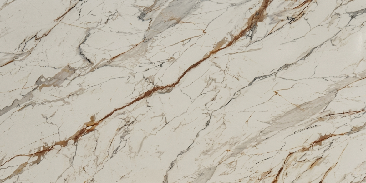 Perlato quartz slab with bold brown and rust veining on a warm ivory base.