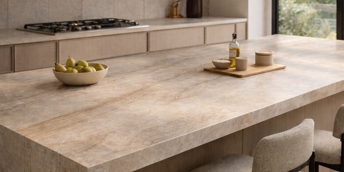 Taj Mahal Printed Quartz reflects the quiet elegance of natural Taj Mahal quartzite, expressed through advanced printed surface technology.