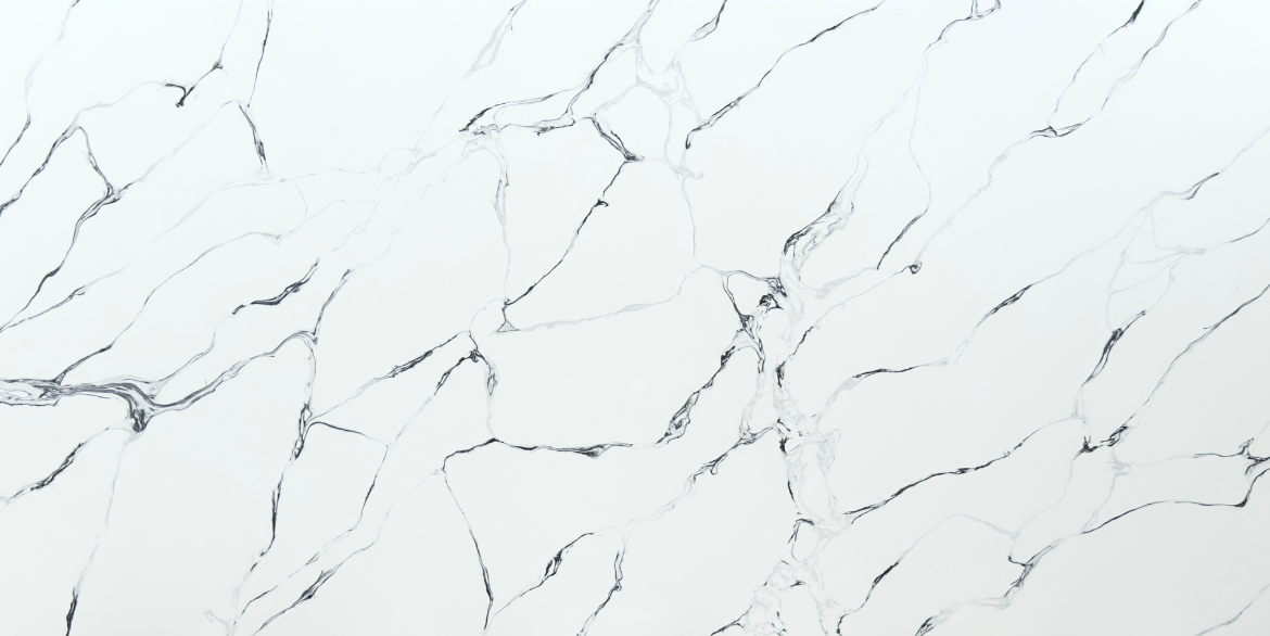 Calacatta Ventico quartz slab with bold black veining on a bright white base.