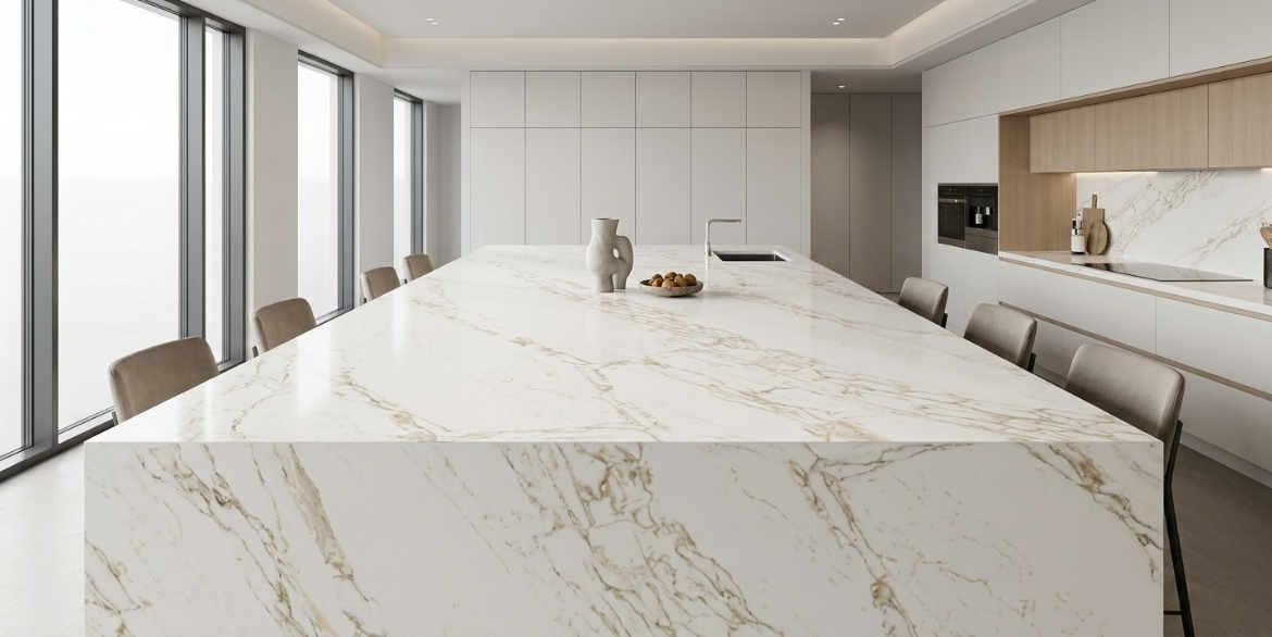 Calacatta Volvo quartz slab with bold golden-beige veining on a bright white base.
