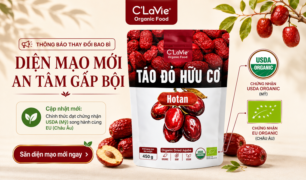 [THÔNG BÁO] C'LaVie Nâng Cấp Diện Mạo Bao Bì Mới Cho Táo Đỏ Hữu Cơ Hotan 450g: Bảo Quản Tối Ưu, Trọn Vẹn Dưỡng Chất
