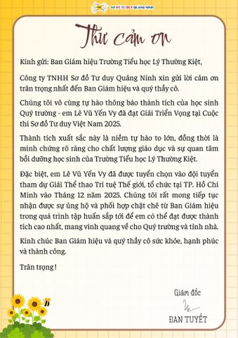 THƯ CẢM ƠN TRƯỜNG TIỂU HỌC LÝ THƯỜNG KIỆT ĐỒNG HÀNH CÙNG HỌC SINH