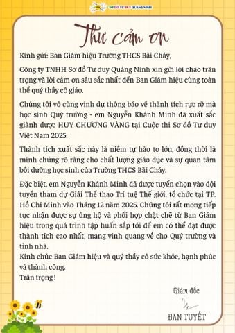 THƯ CẢM ƠN TRƯỜNG THCS BÃI CHÁY ĐÃ ĐỒNG HÀNH CÙNG HỌC SINH THAM GIA CUỘC THI SƠ ĐỒ TƯ DUY QUỐC GIA