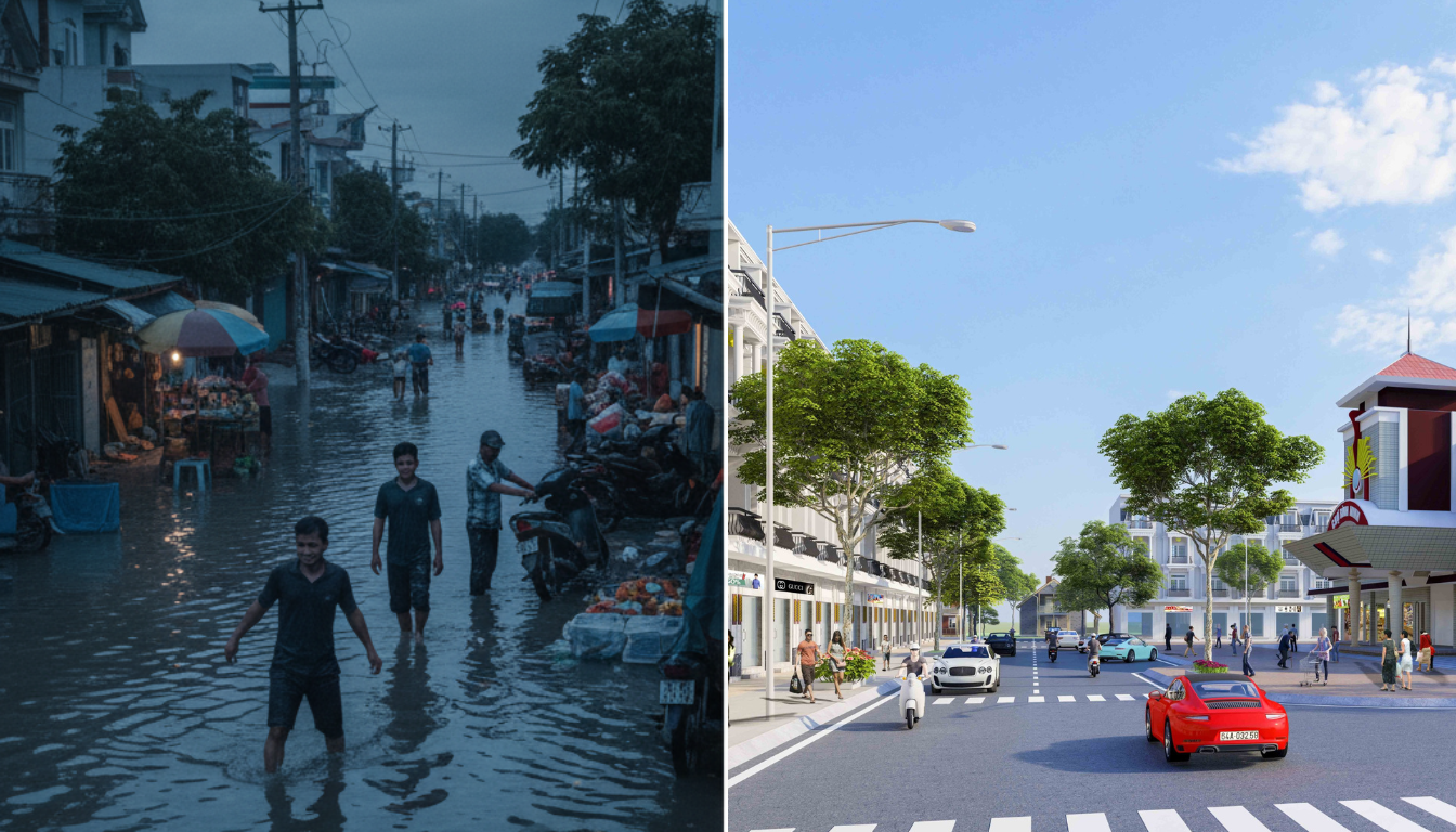 Nhà phố Chợ Cái Vồn: Hạ tầng khô ráo biến ngập lụt thành lãi kép BĐS