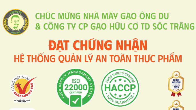 Gạo Ông Du Sóc Trăng đạt chứng nhận ISO và HACCP – Khẳng định chất lượng theo tiêu chuẩn quốc tế