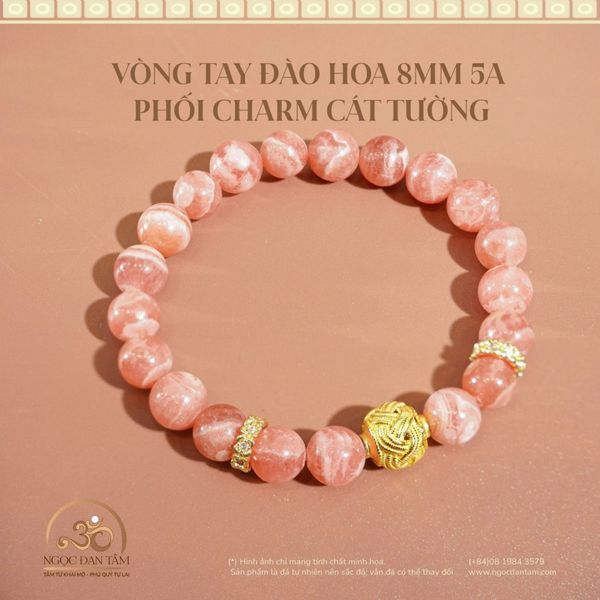 Vòng tay đá Đào Hoa phối Charm Cát Tường