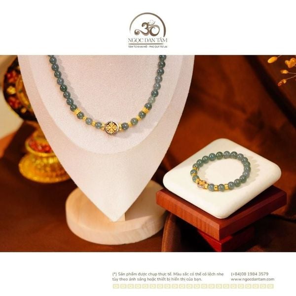 Bộ Trang Sức Ngọc Lam 8mm Phối Charm Bánh Xe Pháp Luân