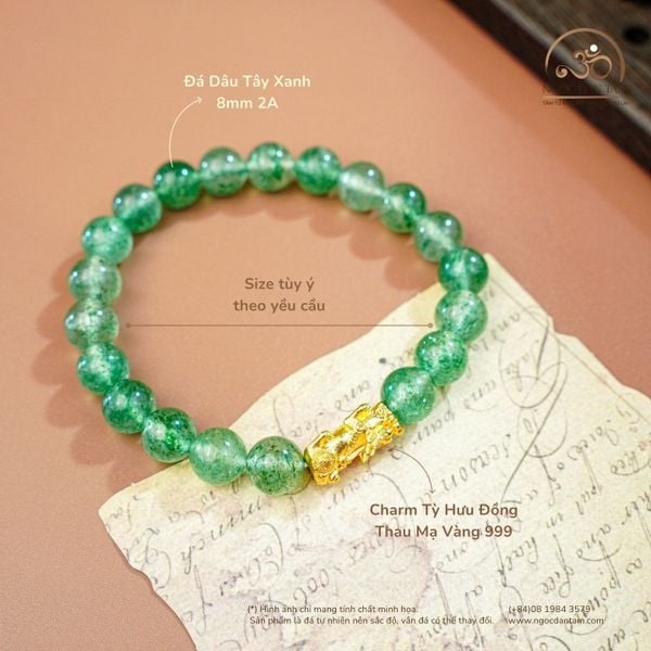 Vòng Tay  Thạch Anh Dâu Tây Phối Charm Tỳ Hưu 8MM 2A