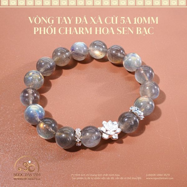 Vòng Tay Đá Xà Cừ 5A 10MM Phối Charm Hoa Sen Bạc