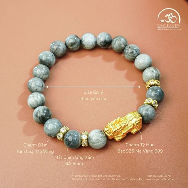 Vòng tay Mắt Chim Ưng Xám 6A 8mm Phối charm Tỳ Hưu