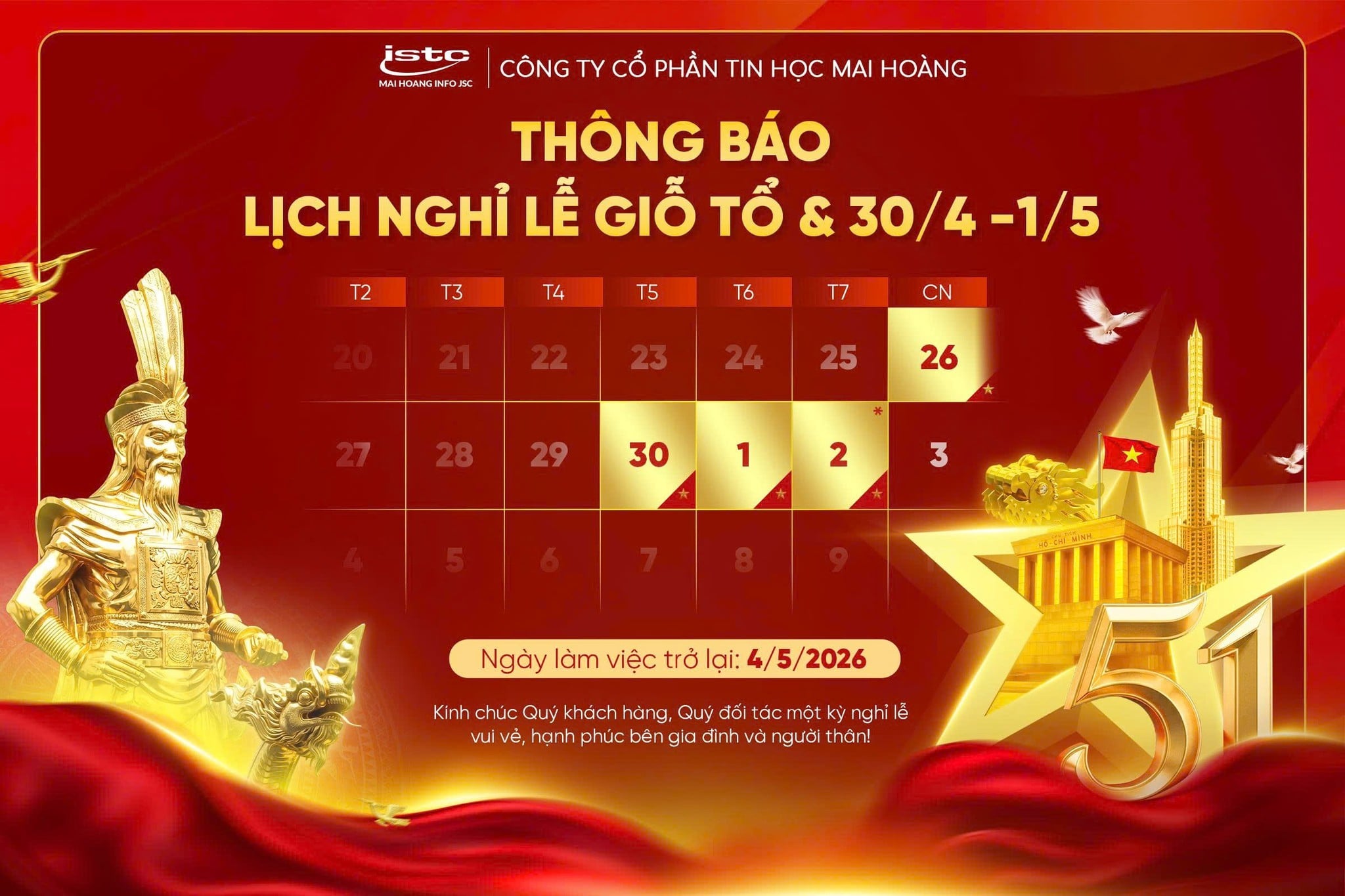 THÔNG BÁO LỊCH NGHỈ LỄ