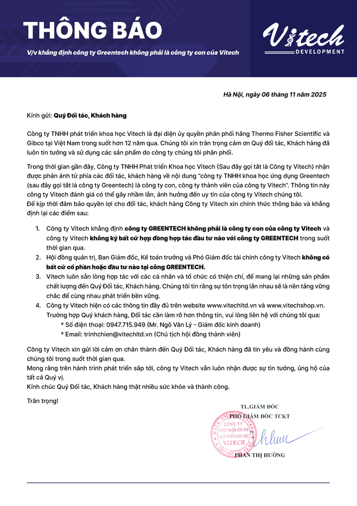 THÔNG BÁO V/V KHẲNG ĐỊNH CÔNG TY GREENTECH KHÔNG PHẢI LÀ CÔNG TY CON CỦA VITECH