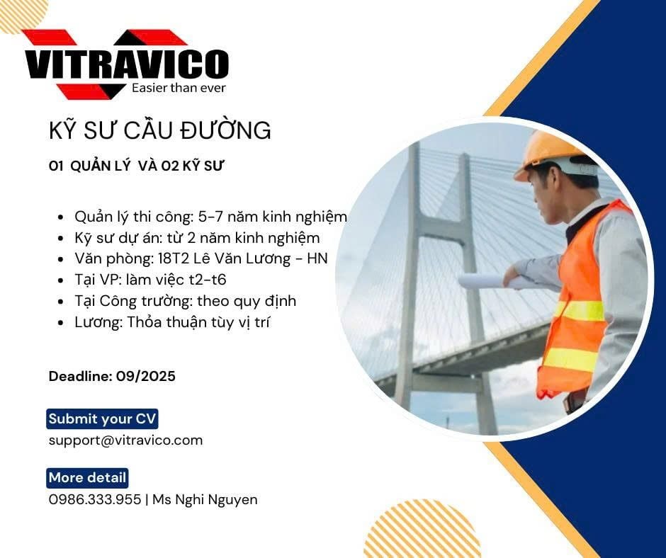 VITRAVICO - Tuyển dụng Gấp - Kỹ sư cầu đường - Lương hấp dẫn