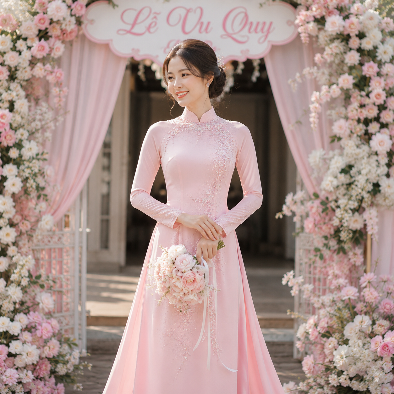 áo dài cô dâu màu hồng nhạt