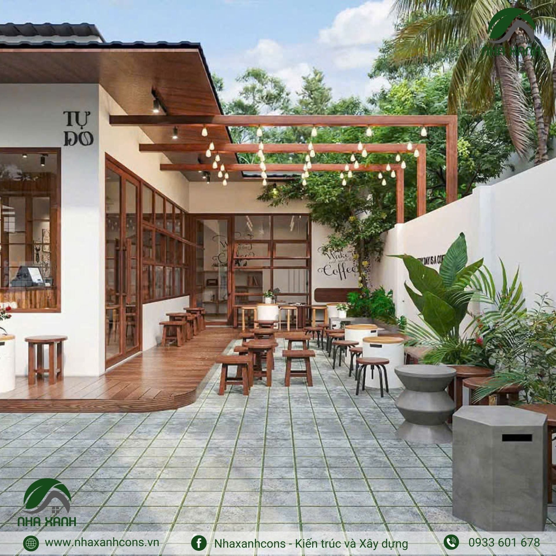 Thiết kế quán cafe sân vườn phong cách modern tropical japandi đẹp và nổi bật