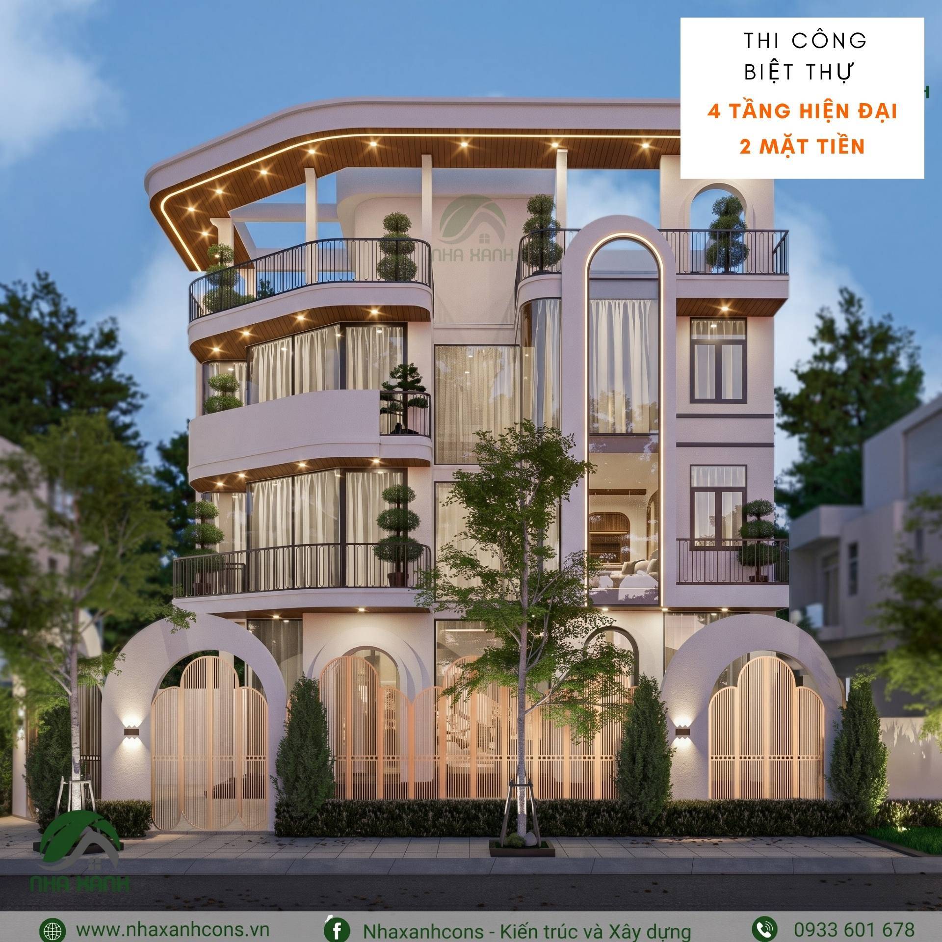 Thi công biệt thự 4 tầng hiện đại 2 mặt tiền đẹp