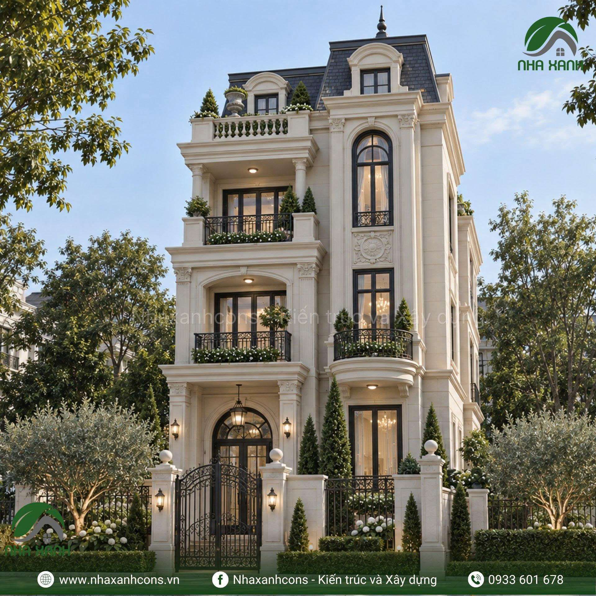 Thiết kế biệt thự tân cổ điển 3 tầng mái Mansard tại Vĩnh Long - Kiến trúc kiểu Pháp cân đối và sang trọng