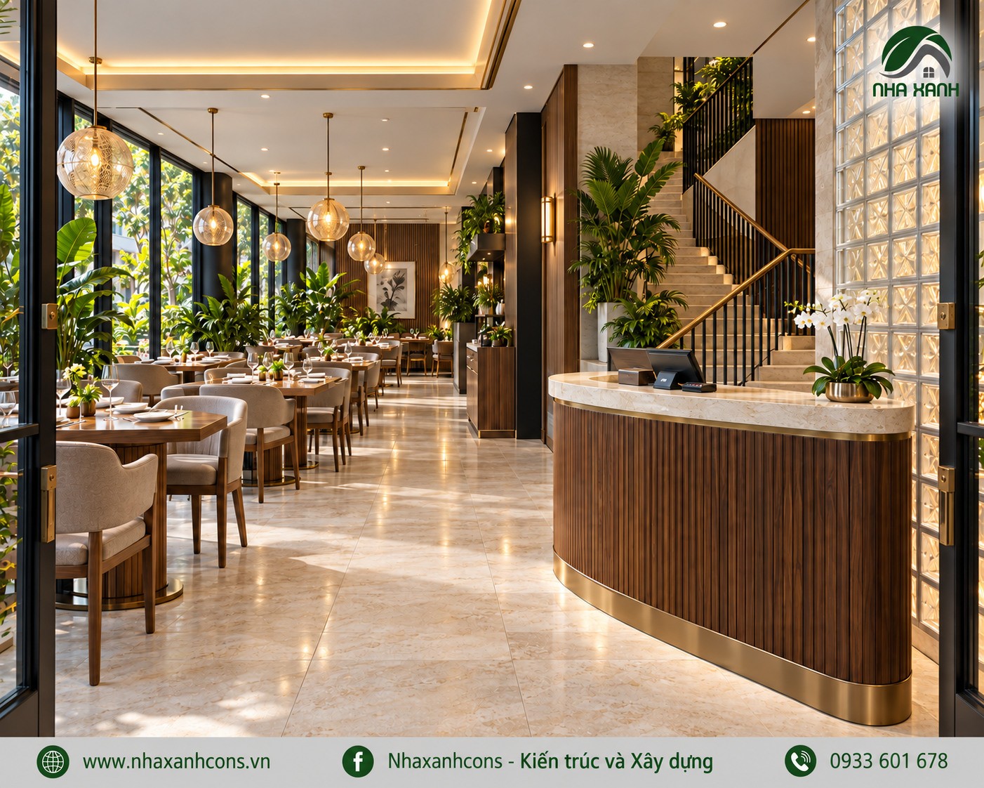 Không gian xanh trong nhà hàng 3 tầng đẹp