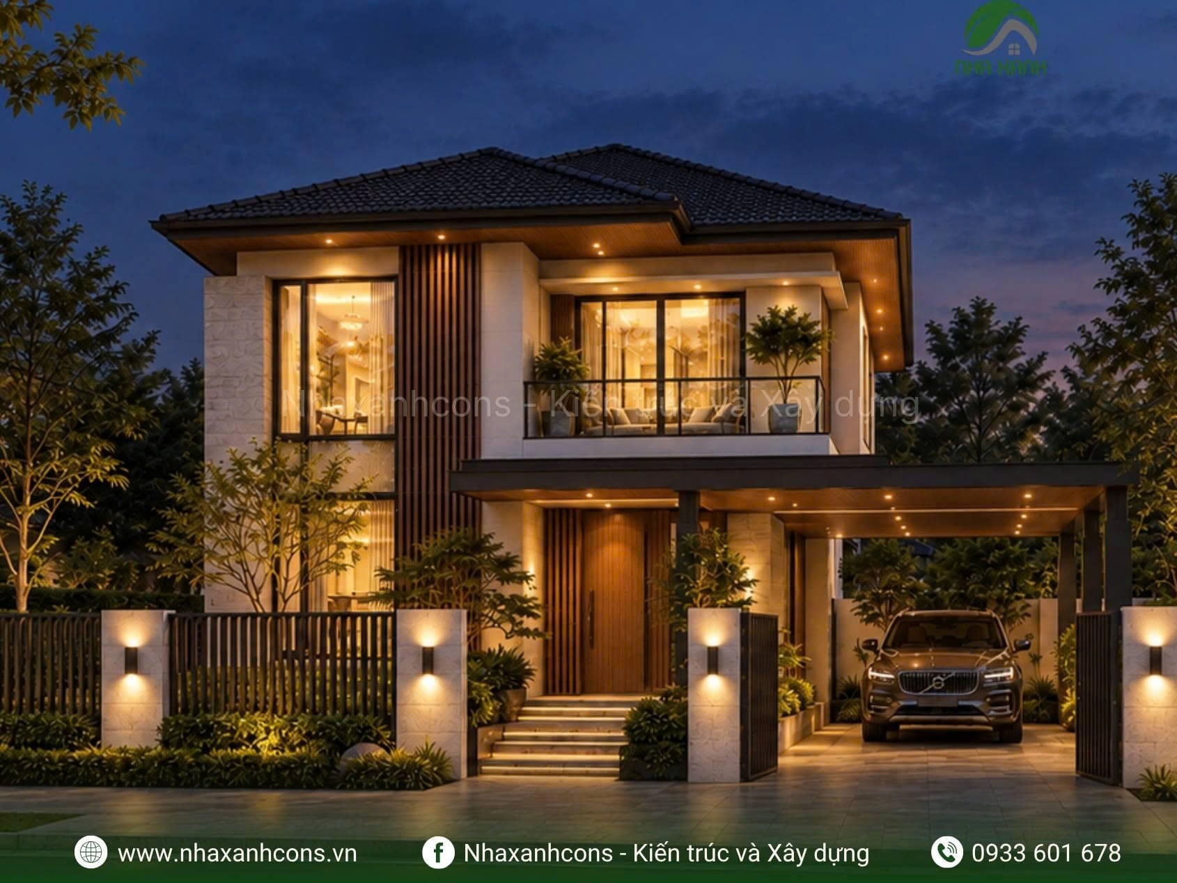 Thiết kế nhà villa 2 tầng mái Nhật hiện đại