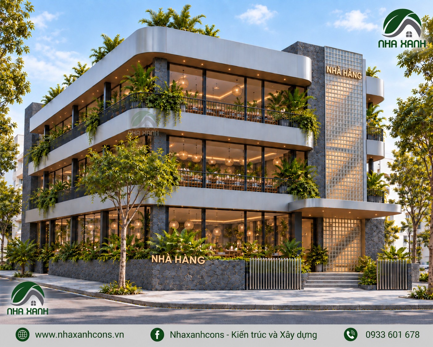 Mặt tiền nhà hàng 3 tầng đẹp