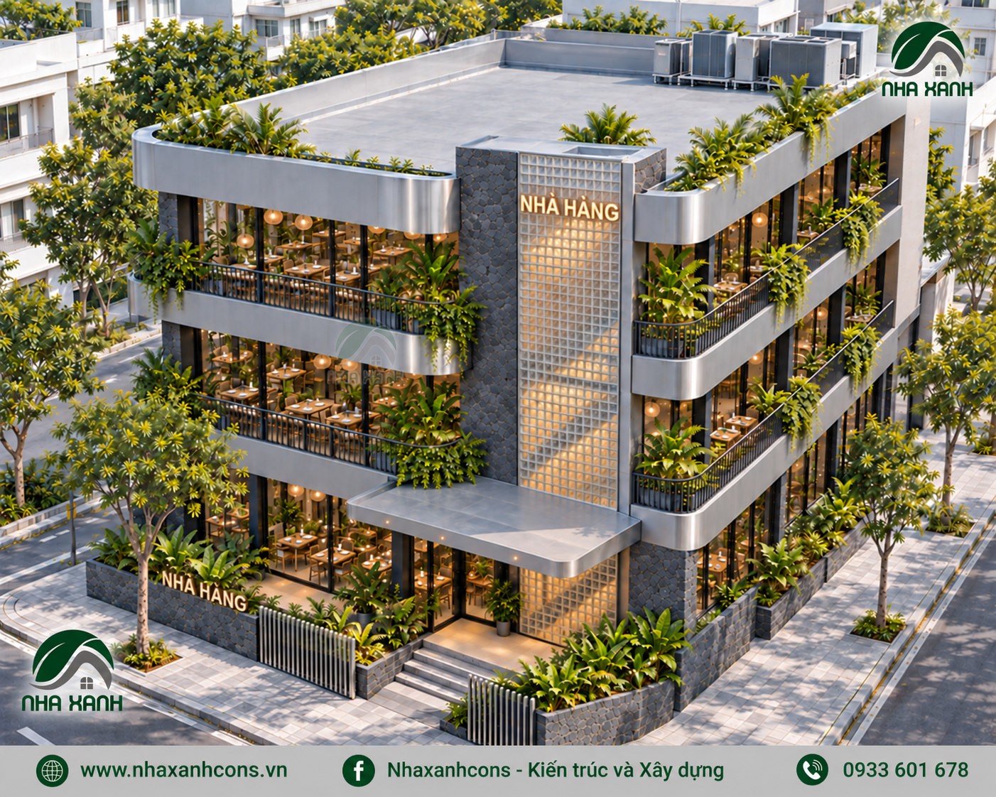 Thiết kế mặt tiền nhà hàng 3 tầng đẹp