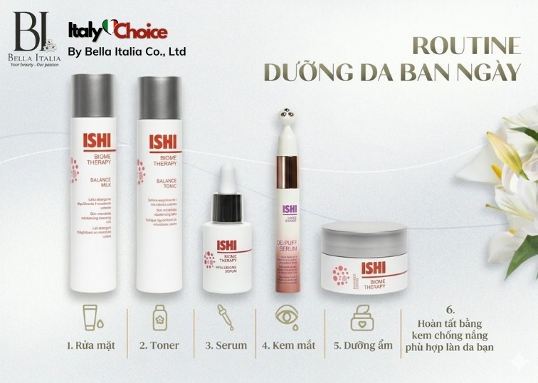 Routine dưỡng da ISHI Biometherapy buổi sáng giúp cân bằng microbiome