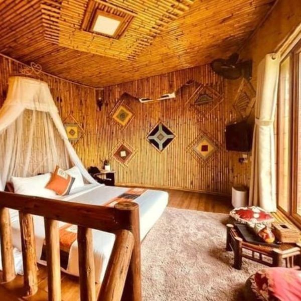 Authentic bamboo-styled luxury room with traditional decor in Ha Giang.