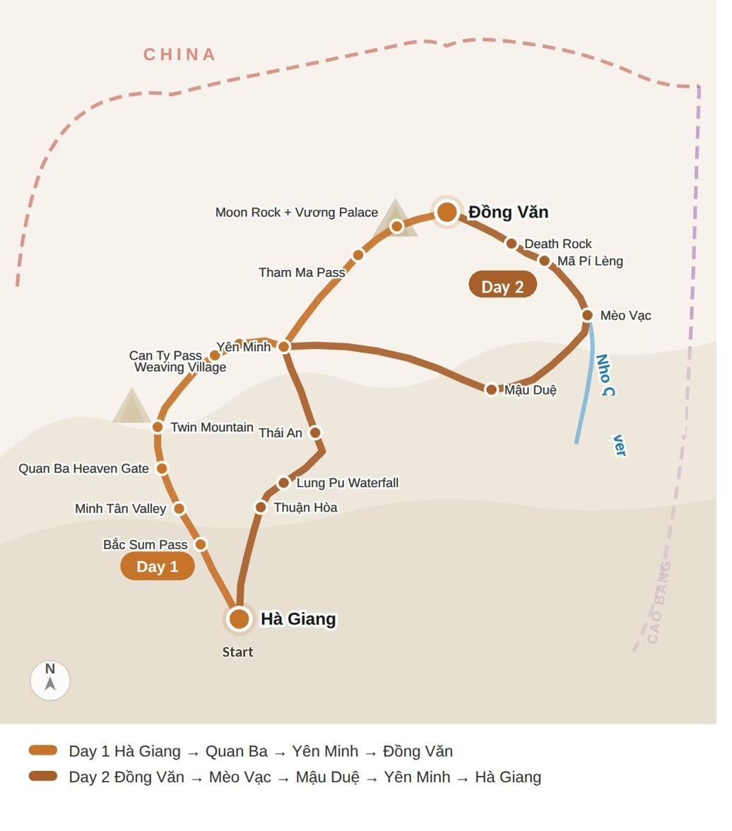 Ha Giang Loop 2D2N route map — Ha Giang · Quan Ba · Yen Minh · Dong Van · Ma Pi Leng
