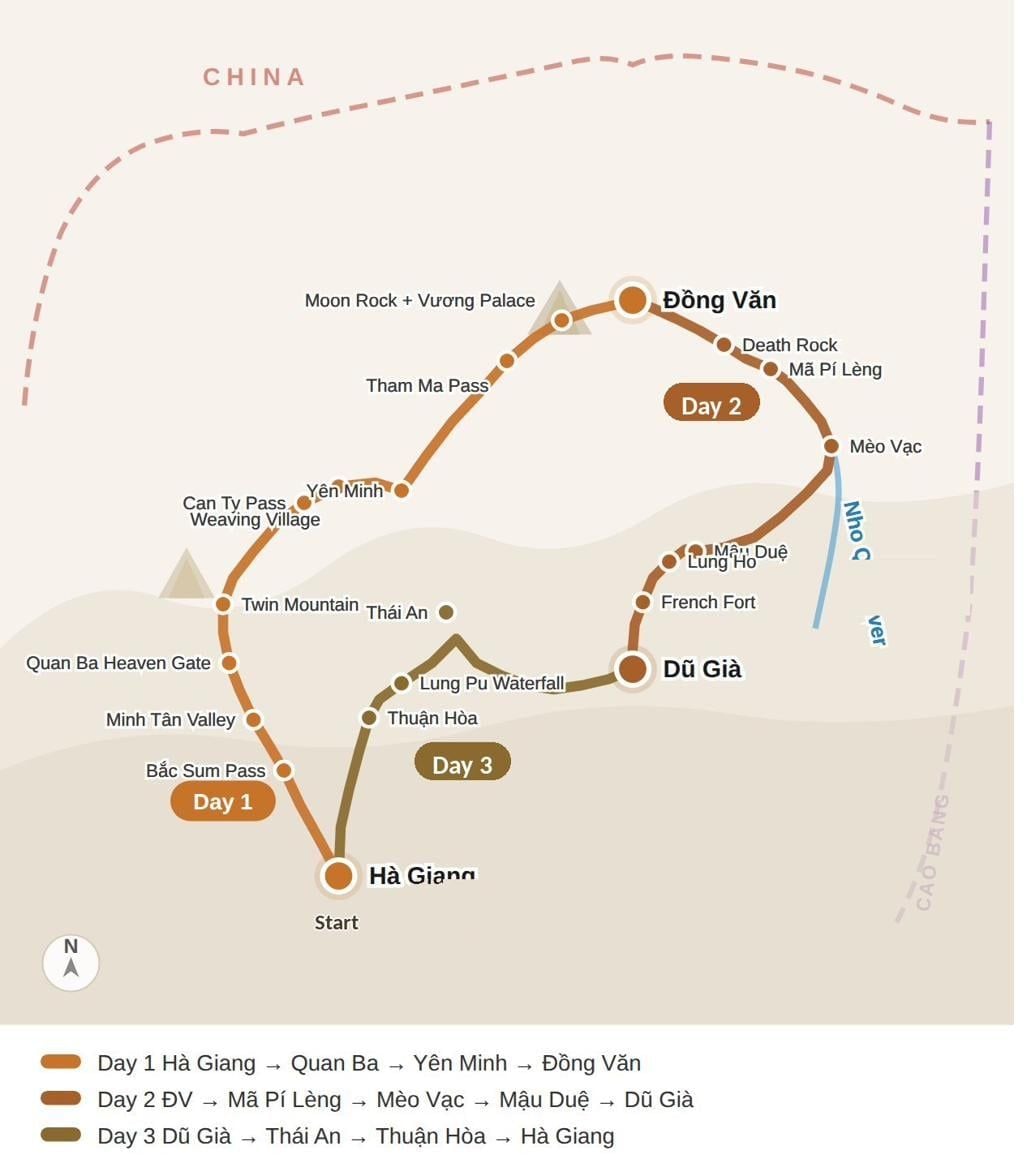 Ha Giang Loop 3D3N route map — Ha Giang · Quan Ba · Yen Minh · Dong Van · Ma Pi Leng · Du Gia
