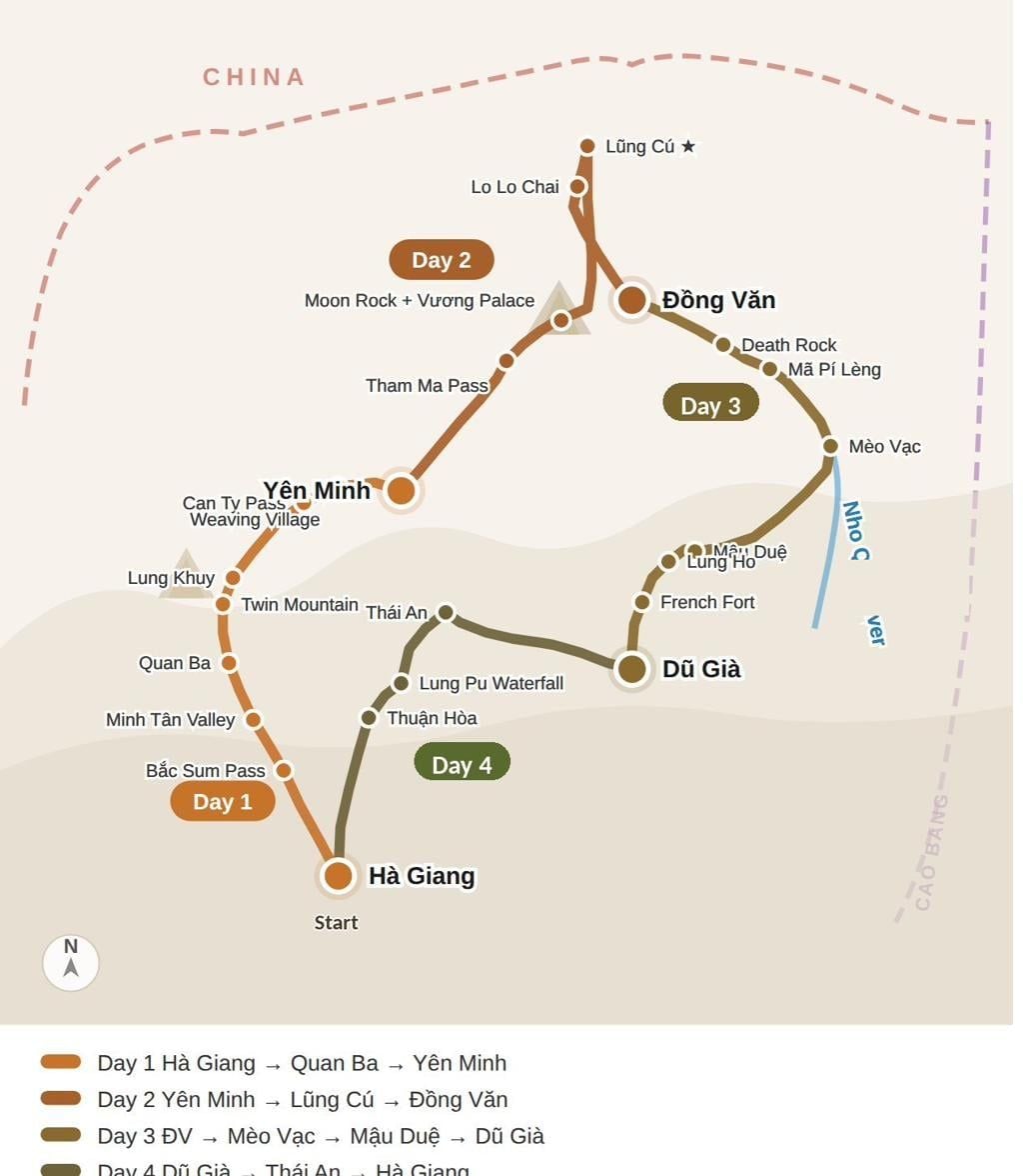Ha Giang Loop 4D4N route map — Ha Giang · Quan Ba · Yen Minh · Lung Cu · Dong Van · Ma Pi Leng · Du Gia