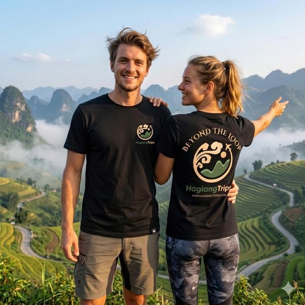 Happy couple wearing complimentary Hagiangtrips signature souvenir t-shirts on the Ha Giang Loop
