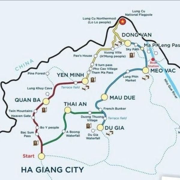 Detailed 4-day itinerary map for Ha Giang Loop luxury SUV tour including Dong Van and Du Gia.