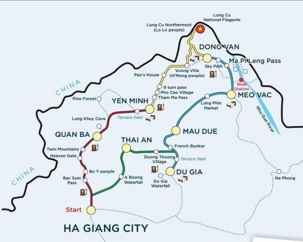 Detailed 2-day Ha Giang Loop luxury tour route map by Hagiangtrips