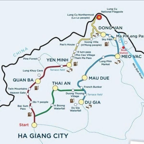 Illustrated map of the Ha Giang Loop route featuring famous destinations like Quan Ba, Yen Minh, Dong Van, Meo Vac, and the Nho Que River
