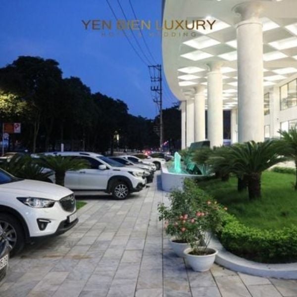 The elegant exterior of Yen Bien Luxury Hotel, provided for free on the first night.