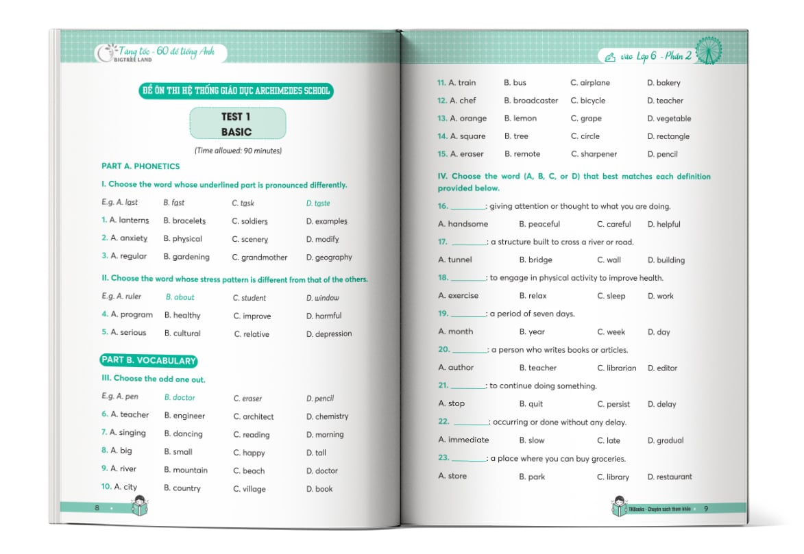 Nội dung trong sách Tăng tốc - 60 đề tiếng Anh vào Lớp 6 - trường chuyên và chất lượng cao - Phần 2