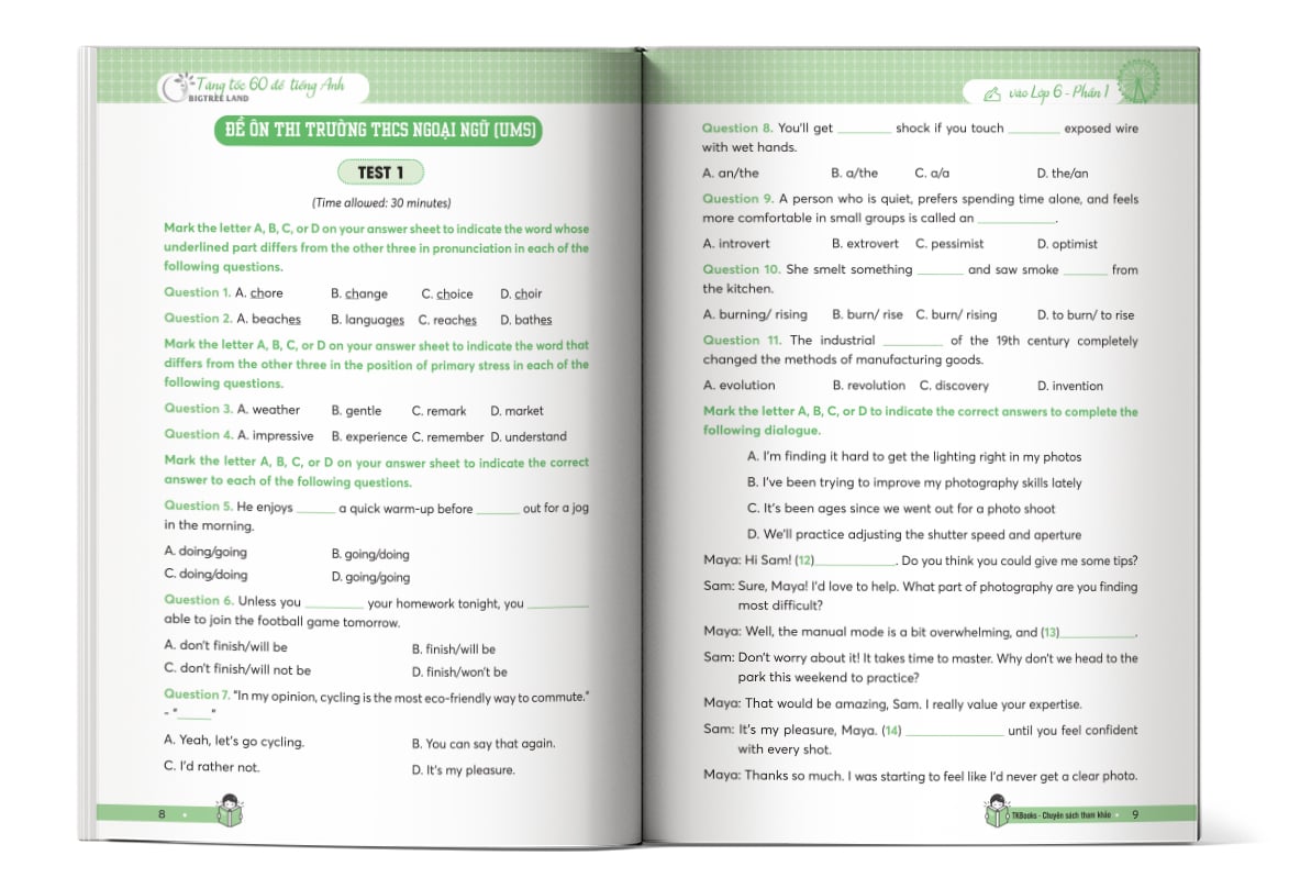 Nội dung trong sách Tăng tốc - 60 đề tiếng Anh vào Lớp 6 - trường chuyên và chất lượng cao - Phần 1