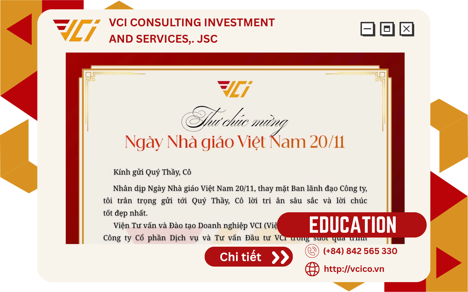 THƯ CHÚC MỪNG KỶ NIỆM NGÀY NHÀ GIÁO VIỆT NAM 20/11 CỦA TỔNG GIÁM ĐỐC VCI