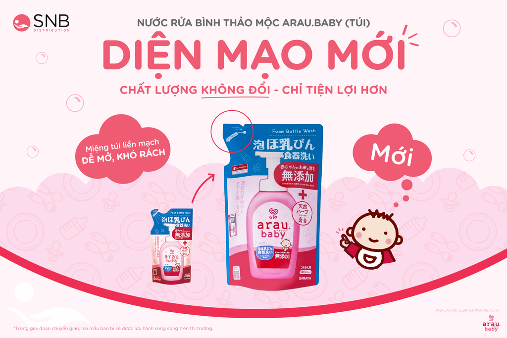 THÔNG BÁO THAY ĐỔI BAO BÌ NƯỚC RỬA BÌNH ARAU.BABY - TÚI CHÂM 450ML