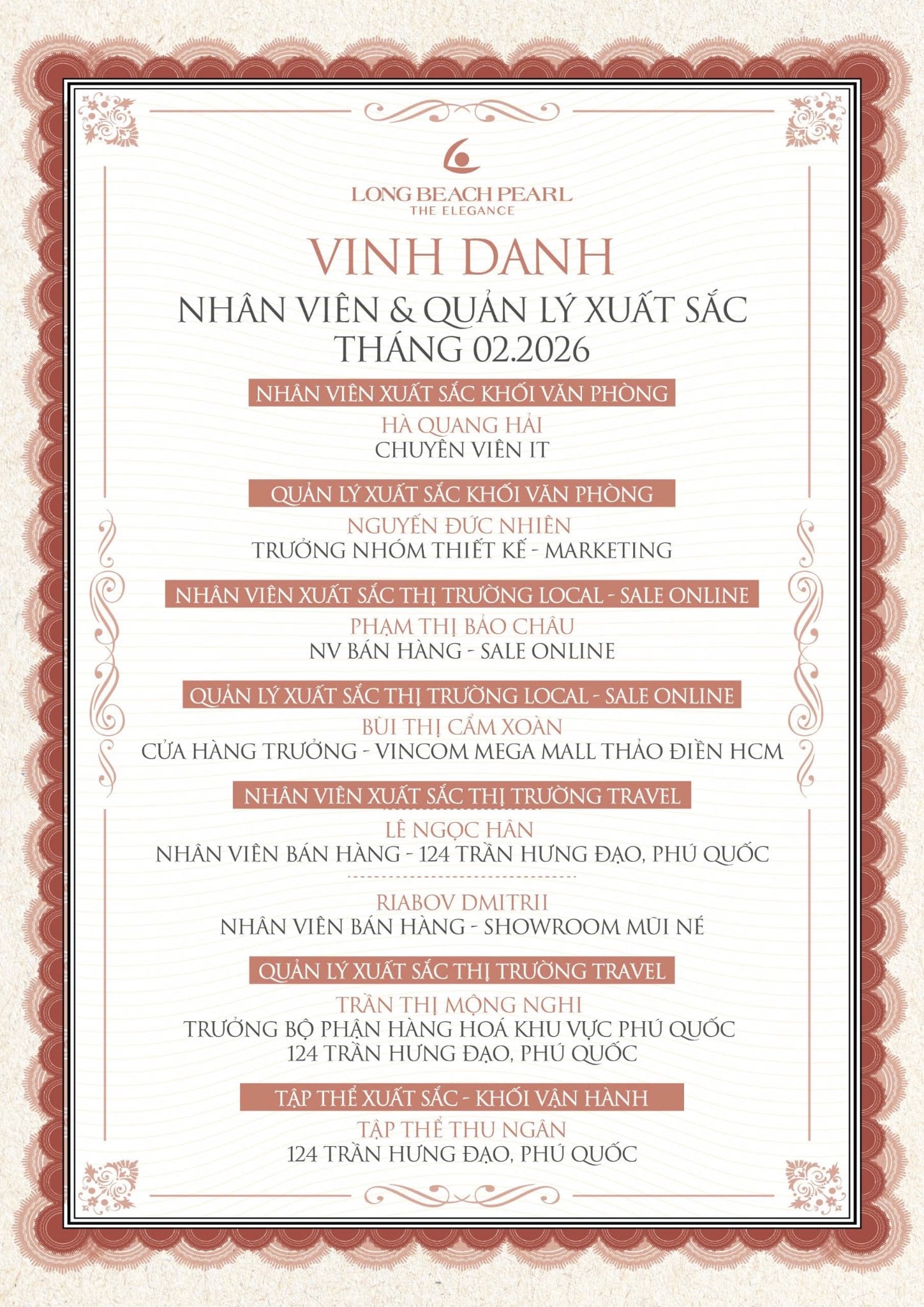 LONG BEACH PEARL VINH DANH NHÂN VIÊN & QUẢN LÝ XUẤT SẮC THÁNG 02.2026