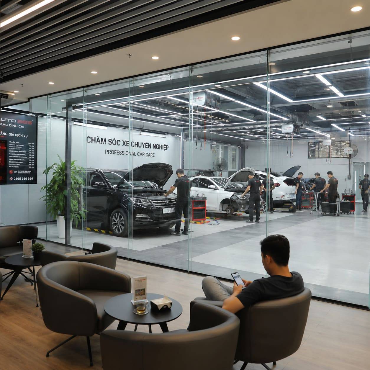 Một phòng chờ garage được thiết kế chuyên nghiệp sẽ thay đổi hoàn toàn trải nghiệm khi chăm sóc xe