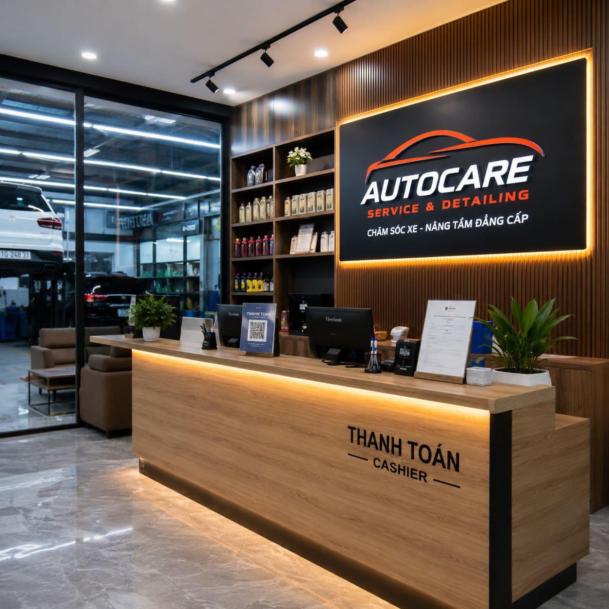 Một quầy thu ngân garage được thiết kế đẹp mắt chính là bộ mặt của doanh nghiệp