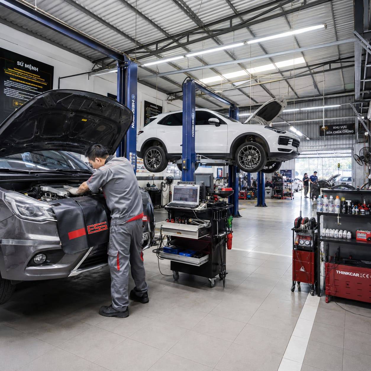 Nếu tiệm rửa xe tập trung vào vệ sinh thì gara ô tô lại thiên về kỹ thuật và sửa chữa.
