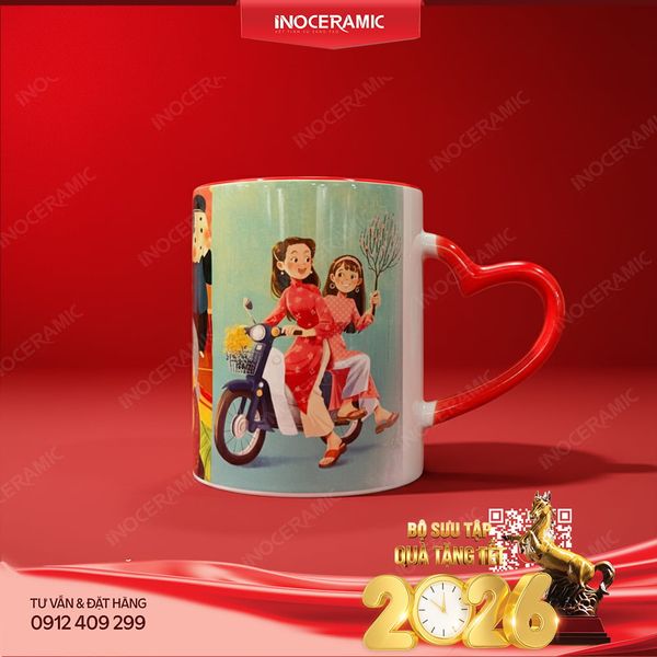 Cốc sứ Bát Tràng in tranh Tết Việt truyền thống làm set quà Tết